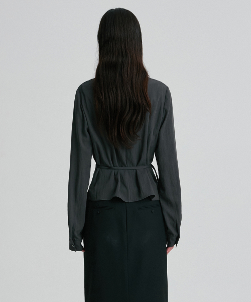 DRAPED COWL-NECK TIE-WAIST TOP CHARCOAL