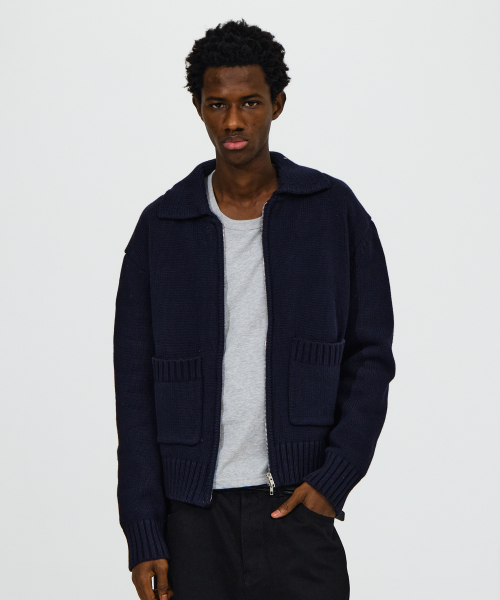 Collared Zip-Up Cropped Knit Jacket[4Color]