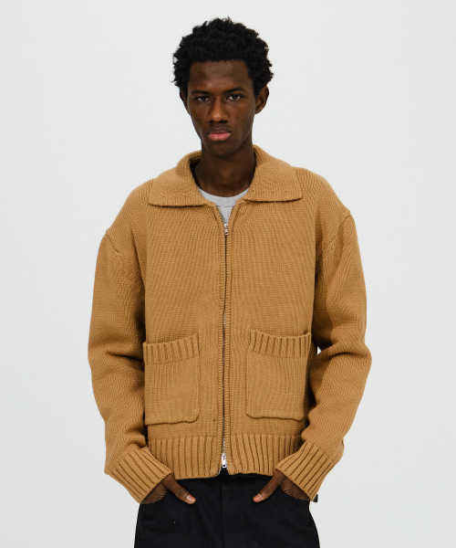 Collared Zip-Up Cropped Knit Jacket[4Color]