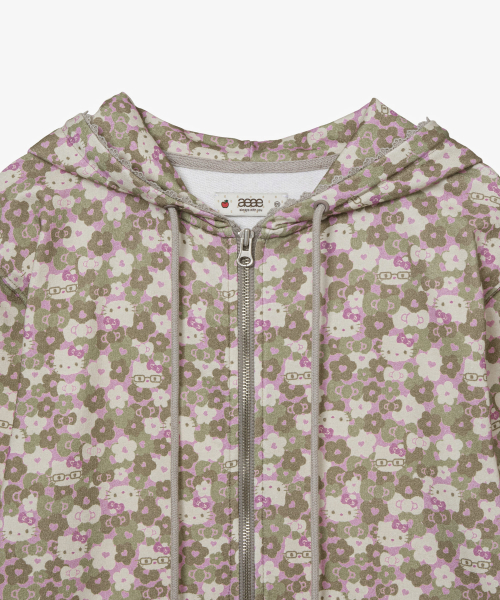 HELLO KITTY PATTERN ZIP UP HOODIE [KHAKI]