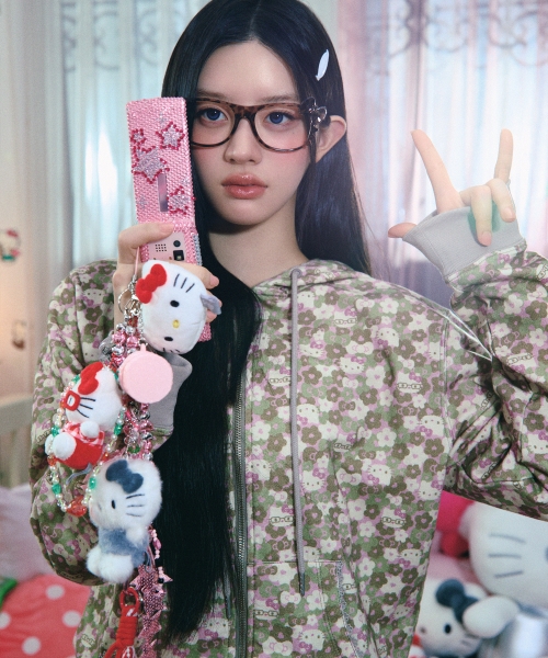 HELLO KITTY PATTERN ZIP UP HOODIE [KHAKI]