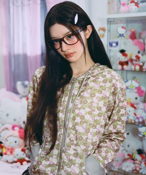 HELLO KITTY PATTERN ZIP UP HOODIE [KHAKI]