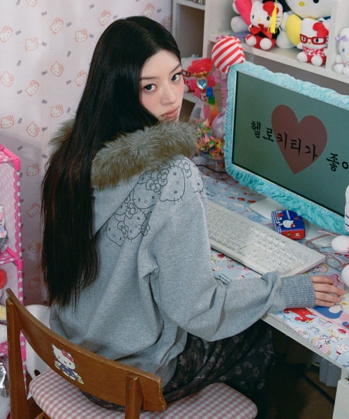 HELLO KITTY FUR ZIP UP HOODIE [MELANGE GREY]