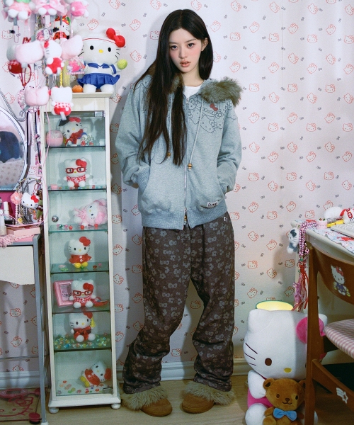 HELLO KITTY FUR ZIP UP HOODIE [MELANGE GREY]