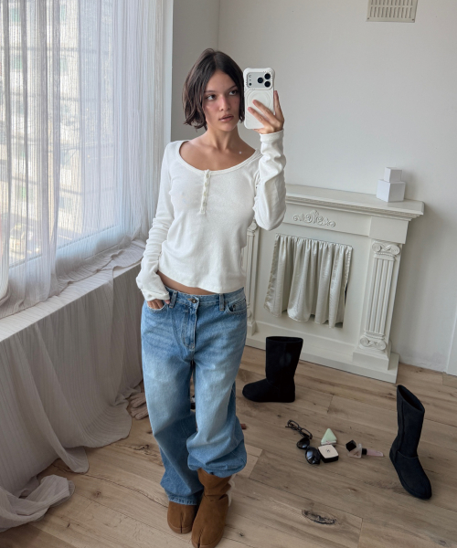 COTTON HENLEY LONG SLEEVE T (VINTAGE IVORY)
