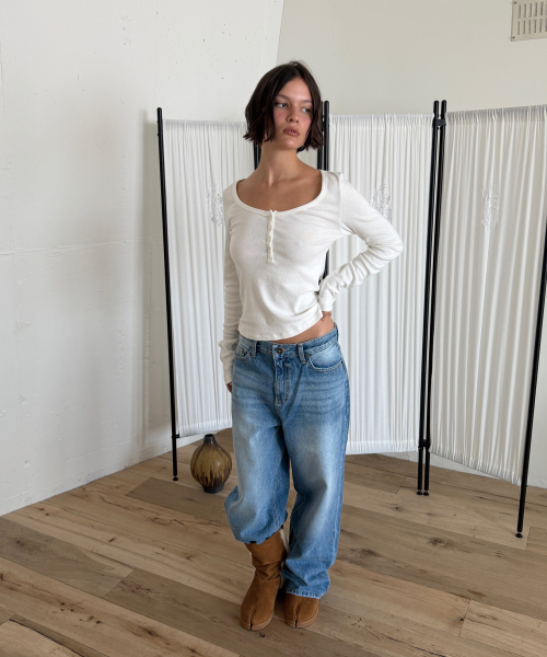 COTTON HENLEY LONG SLEEVE T (VINTAGE IVORY)