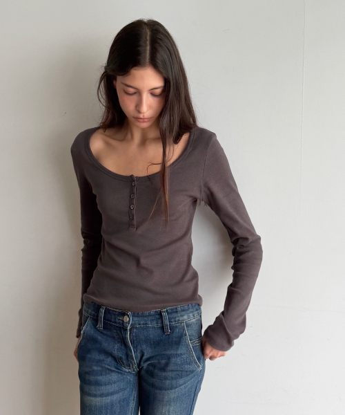 COTTON HENLEY LONG SLEEVE T (CHARCOAL)