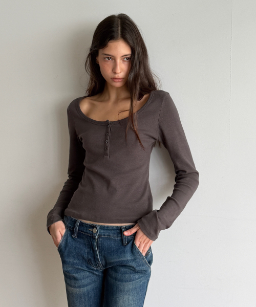 COTTON HENLEY LONG SLEEVE T (CHARCOAL)