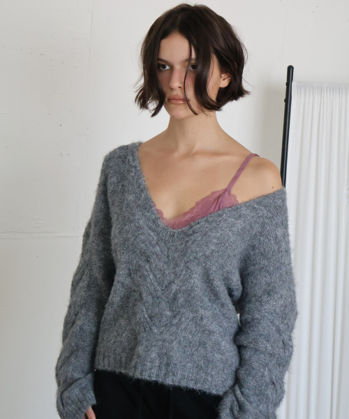 TWIST DEEP V KNIT (MELANGE GREY)