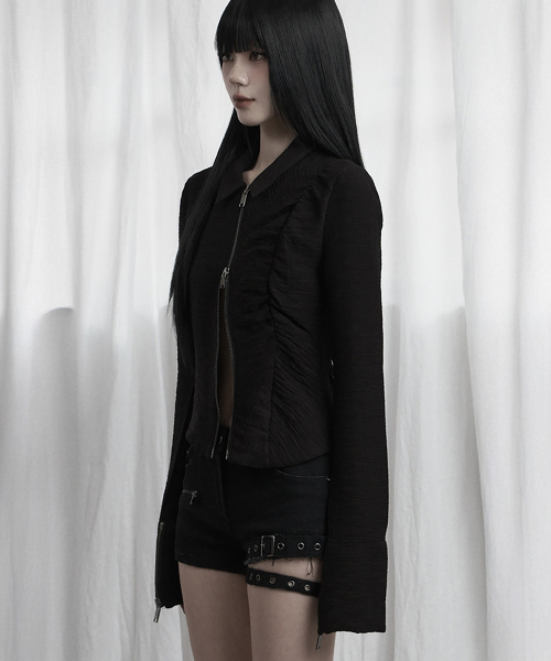 Side Shirring Zip-Up (Black)