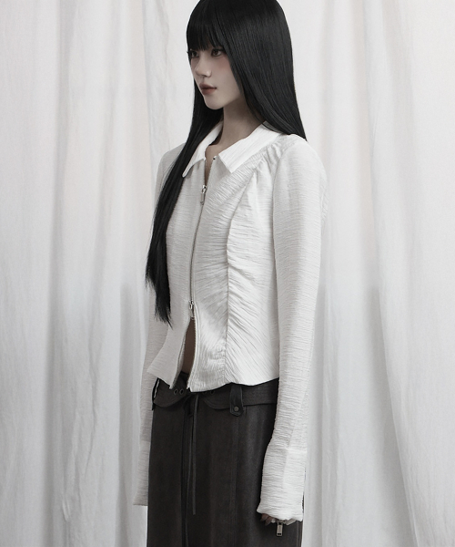 Side Shirring Zip-Up (White)