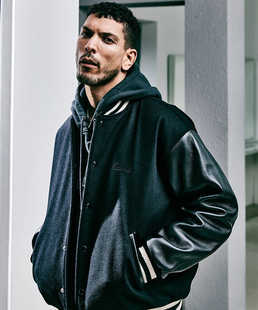 MUSINSA | ESPIONAGE Standard Varsity Jacket Black