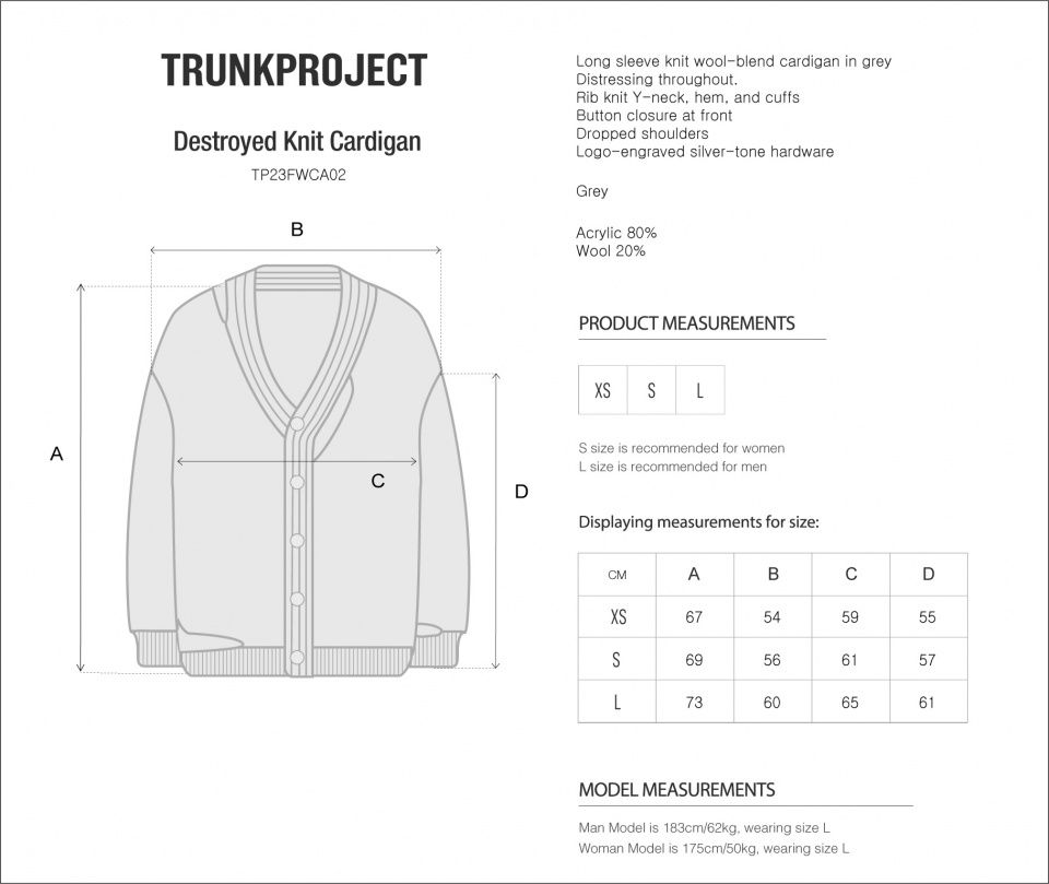 MUSINSA公式 | TRUNK PROJECT Gray Destroyed Knit Cardigan
