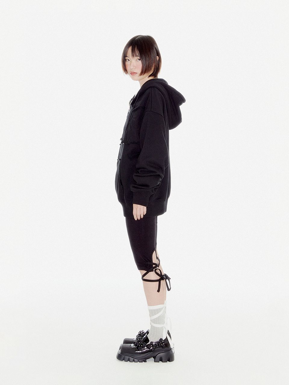 MUSINSA | YOUHEE YOUHEE RIBBON HOOD ZIP-UP BLACK