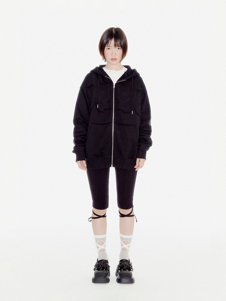 MUSINSA公式 | YOUHEE YOUHEE RIBBON HOOD ZIP-UP BLACK