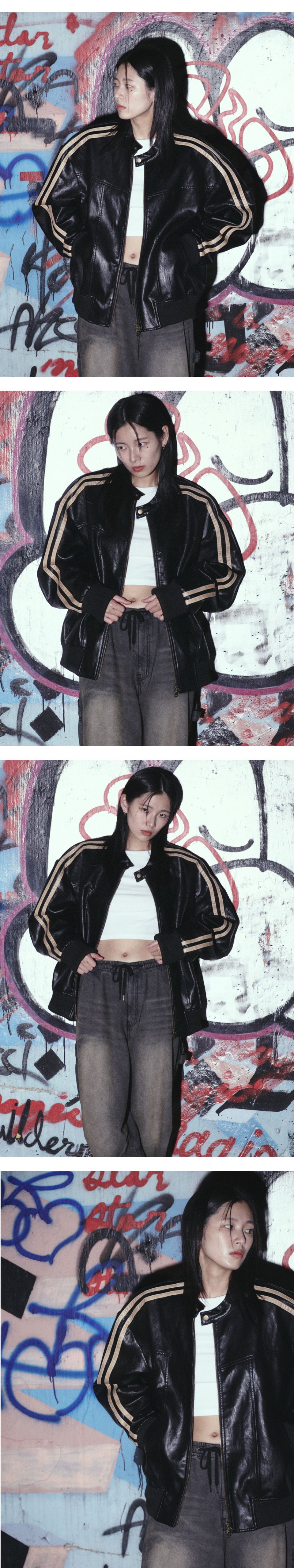 MUSINSA公式 | SUPERSUB Vintage Track Biker Leather Jumper - Black