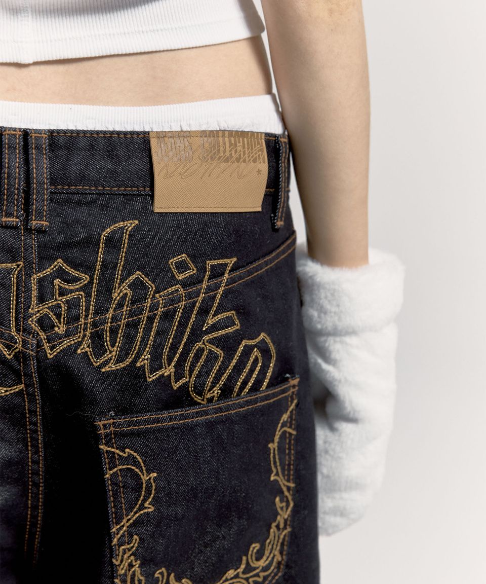 MUSINSA | KASHIKO Embroidered Nonfade Denim Pants - Blue