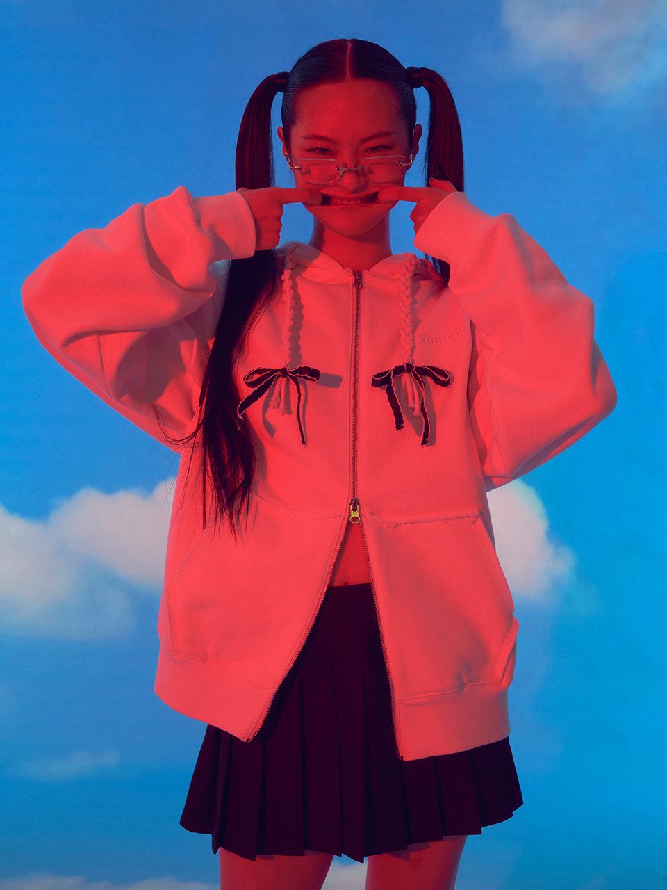 MUSINSA | YOUHEE RIBBON DETAIL HOOD ZIP-UP WHITE