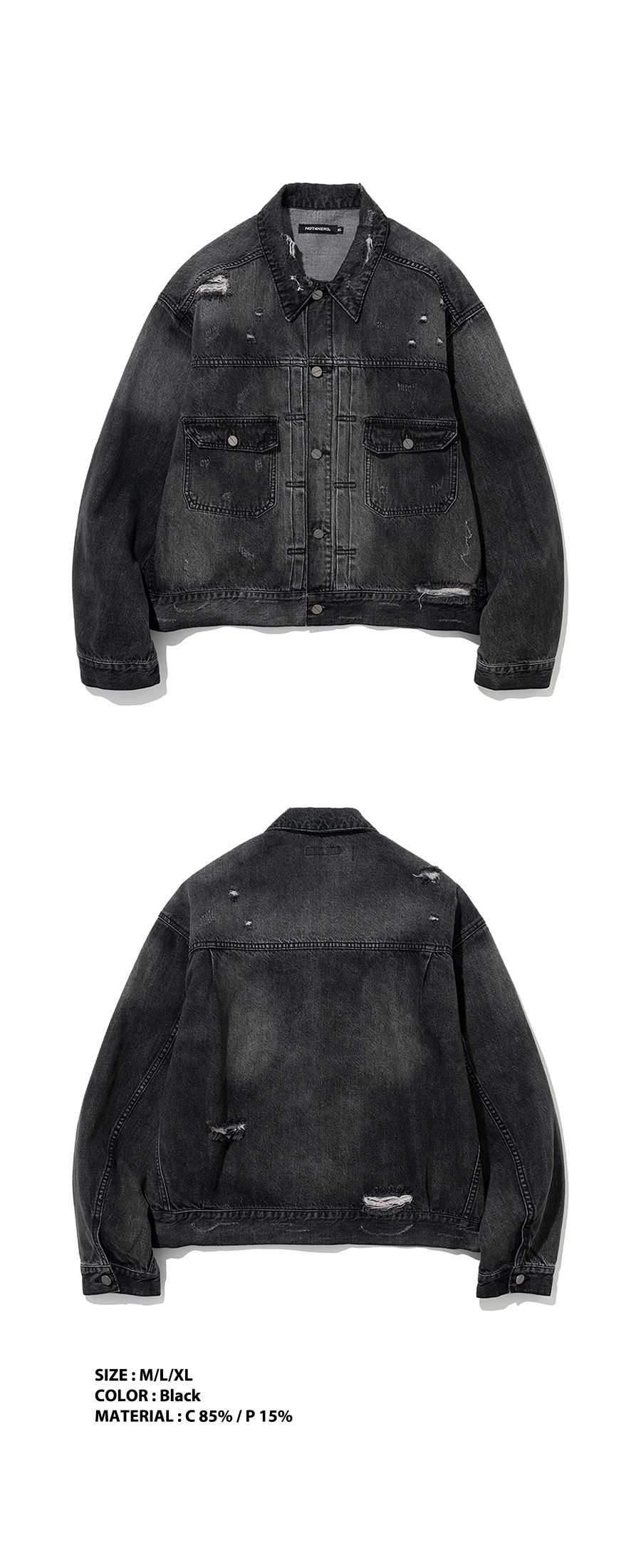 MUSINSA公式 | NOT4NERD Dirty Wash Destroyed Denim Jacket - Black