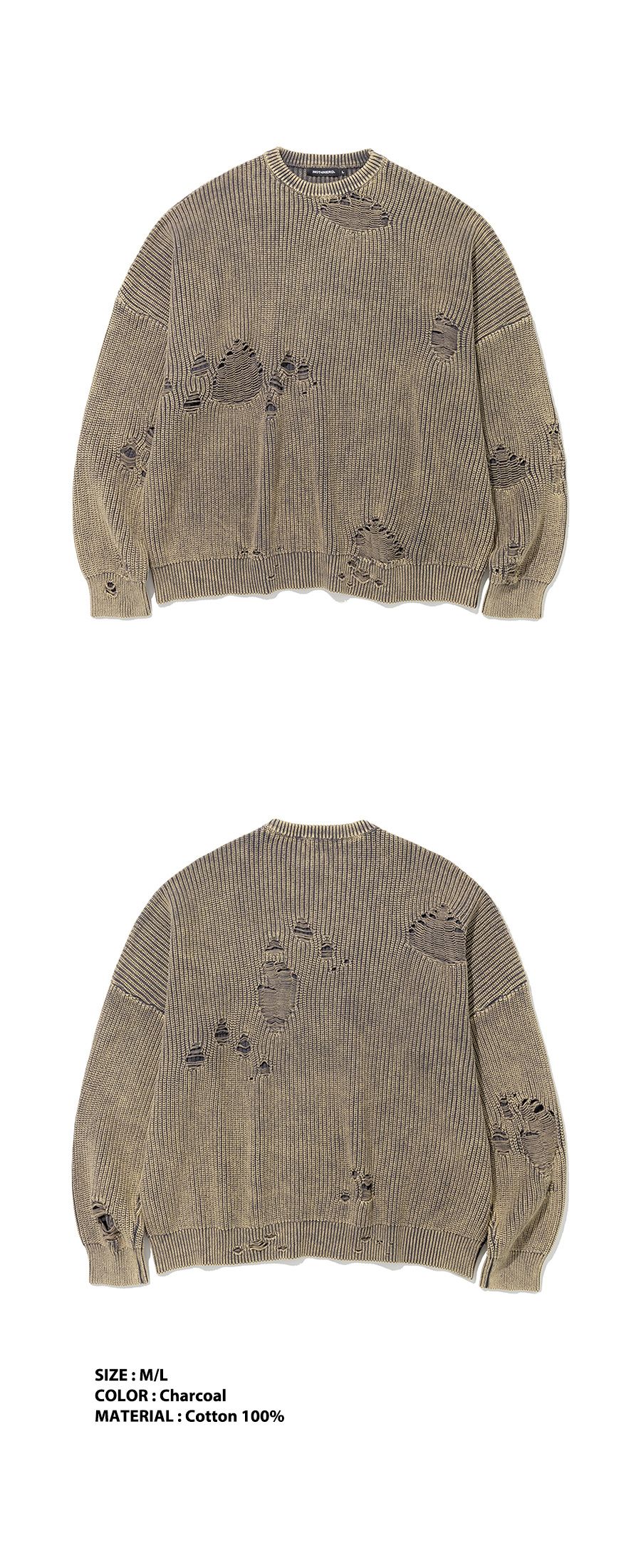 MUSINSA | NOT4NERD Pigment Dyeing Destroyed Knit Sweater - Charcoal
